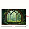 A framed image of an arched window with intricate tracery set in a lush, green forest backdrop.