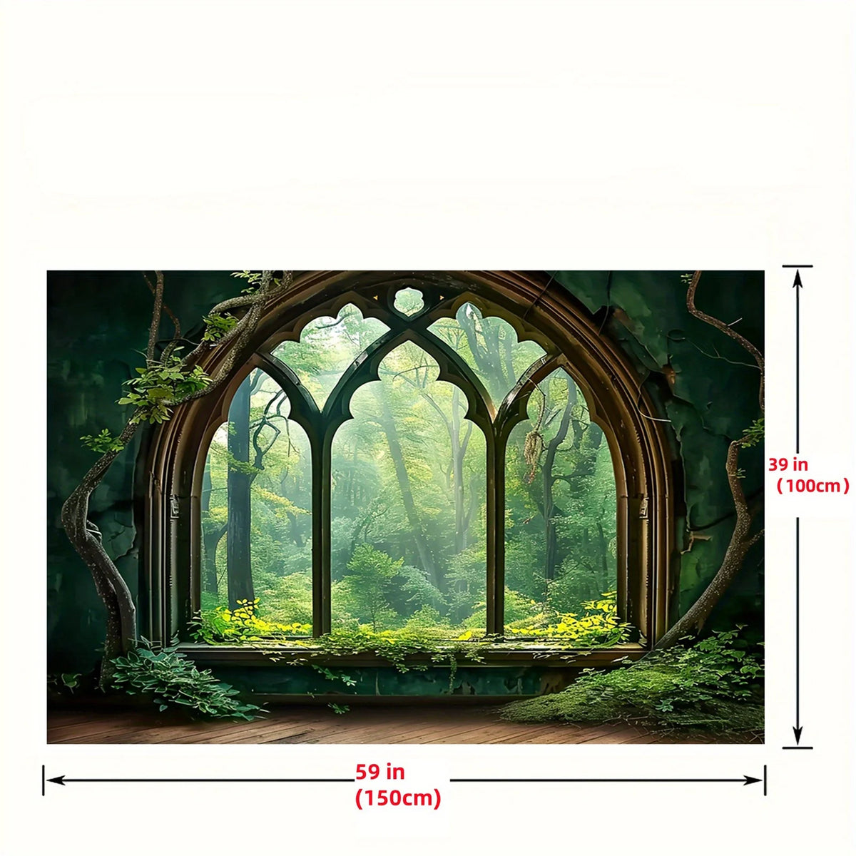 A framed image of an arched window with intricate tracery set in a lush, green forest backdrop.