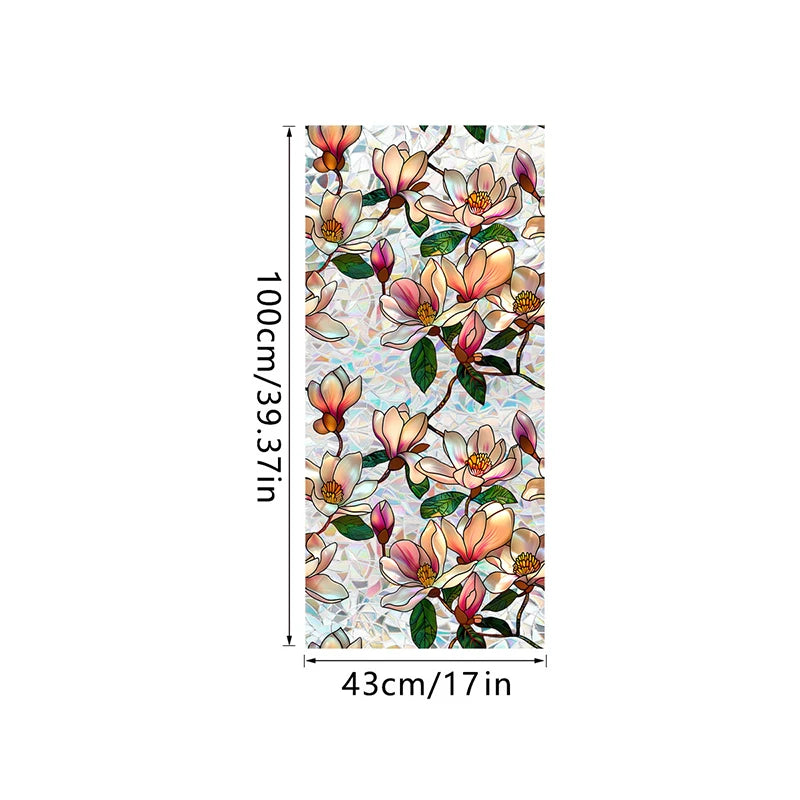 Botanical print static cling window film featuring pink and peach flowers on a white background