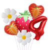 A set of six foil balloons shaped like hearts and a strawberry in red, orange, and green colors.