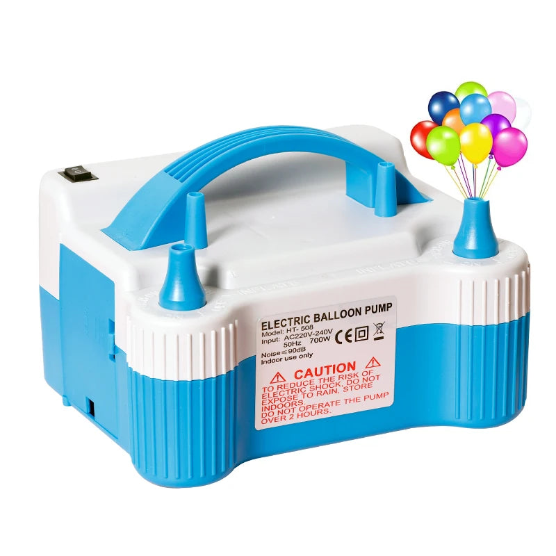 A white and blue electric balloon pump with dual nozzles is shown on a white background.
