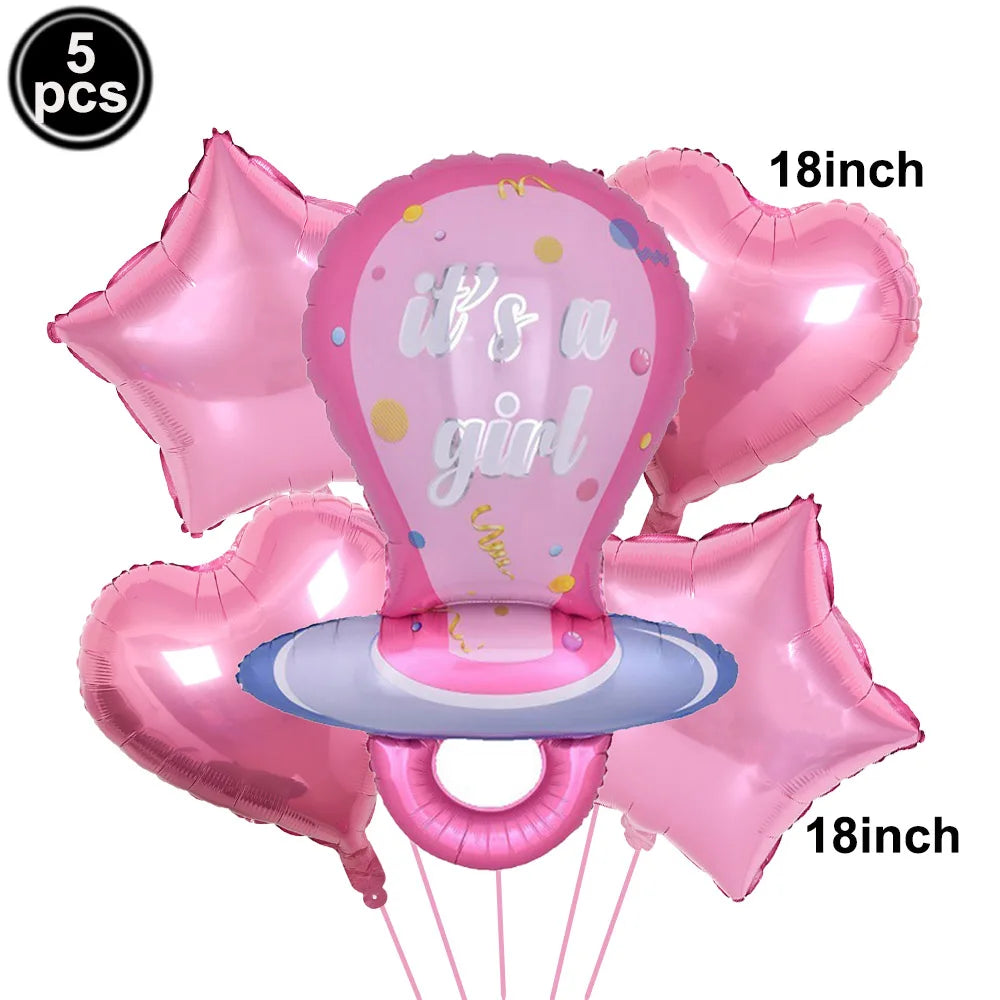 Pink foil balloons shaped like a baby bottle and star for baby shower decoration
