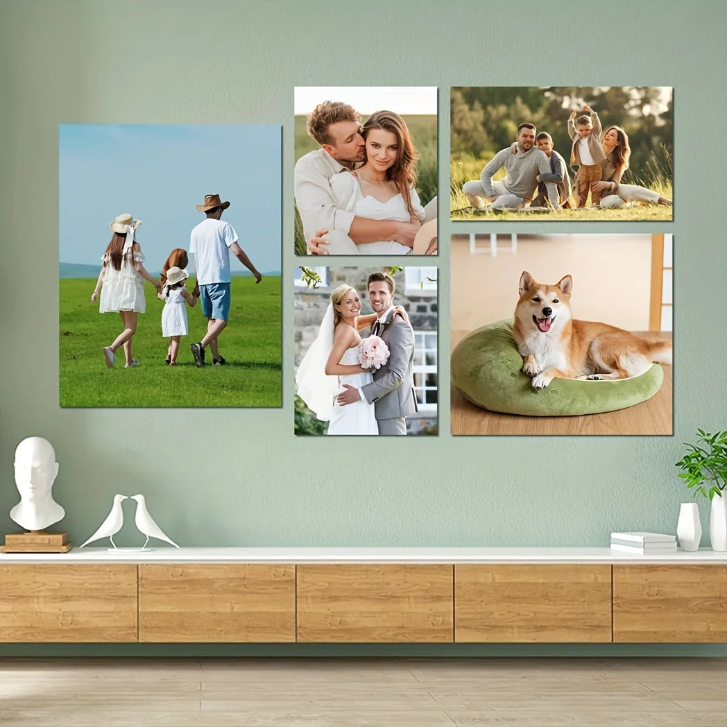 A gallery wall featuring five vertical photo prints of couples and a dog on a light green wall.