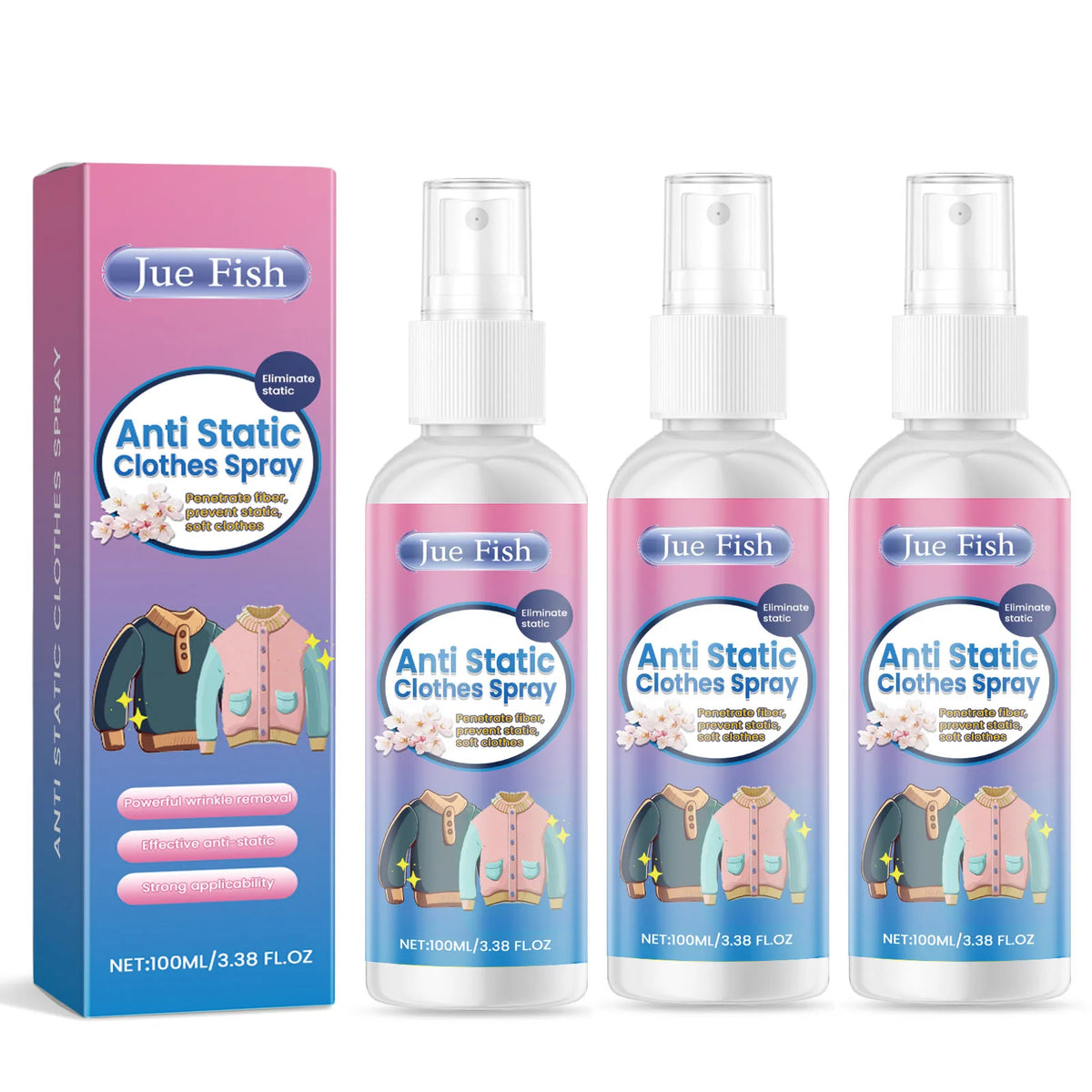 Three bottles of Jue Fish Anti-Static Clothes Spray for fabric wrinkle release and static elimination