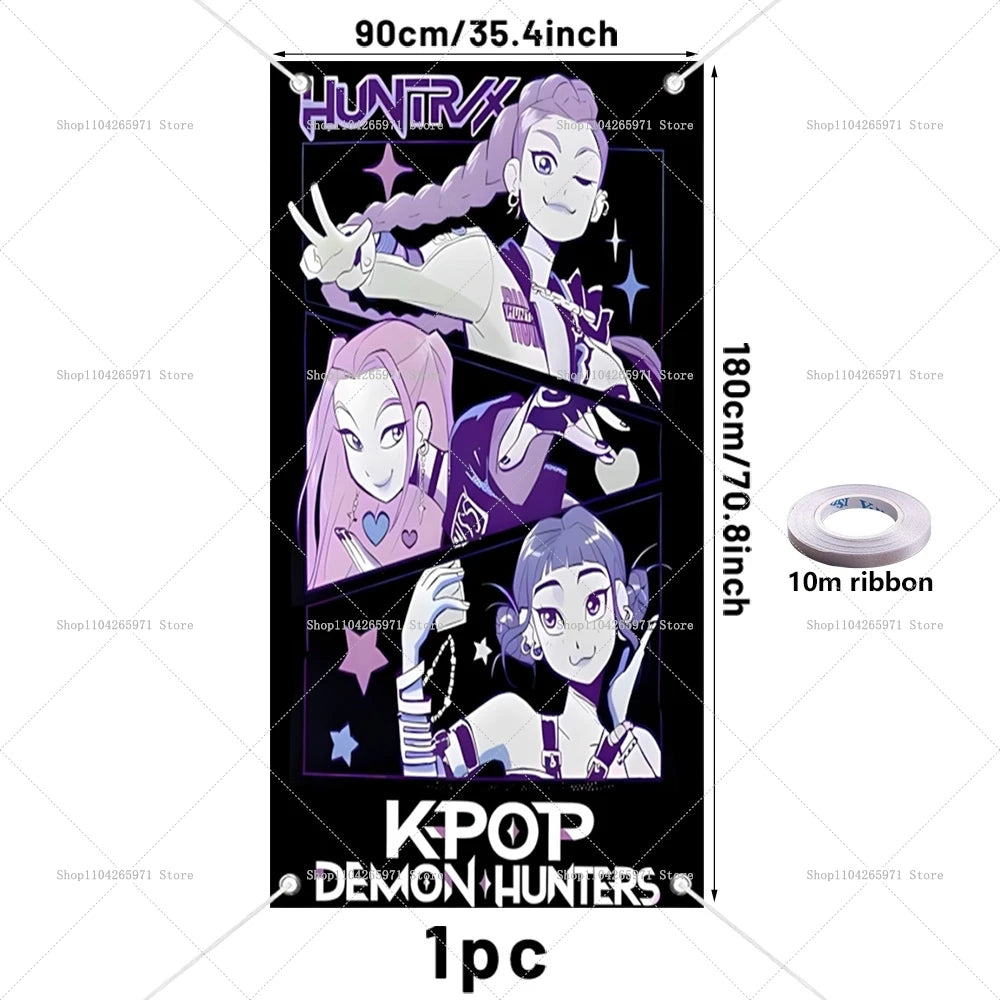 A vertical banner featuring an anime character in a purple outfit with the text KPOP DEMON HUNTERS