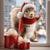 A fluffy squirrel wearing a Santa hat and red scarf stands next to wrapped Christmas gifts in front of a blurred window.