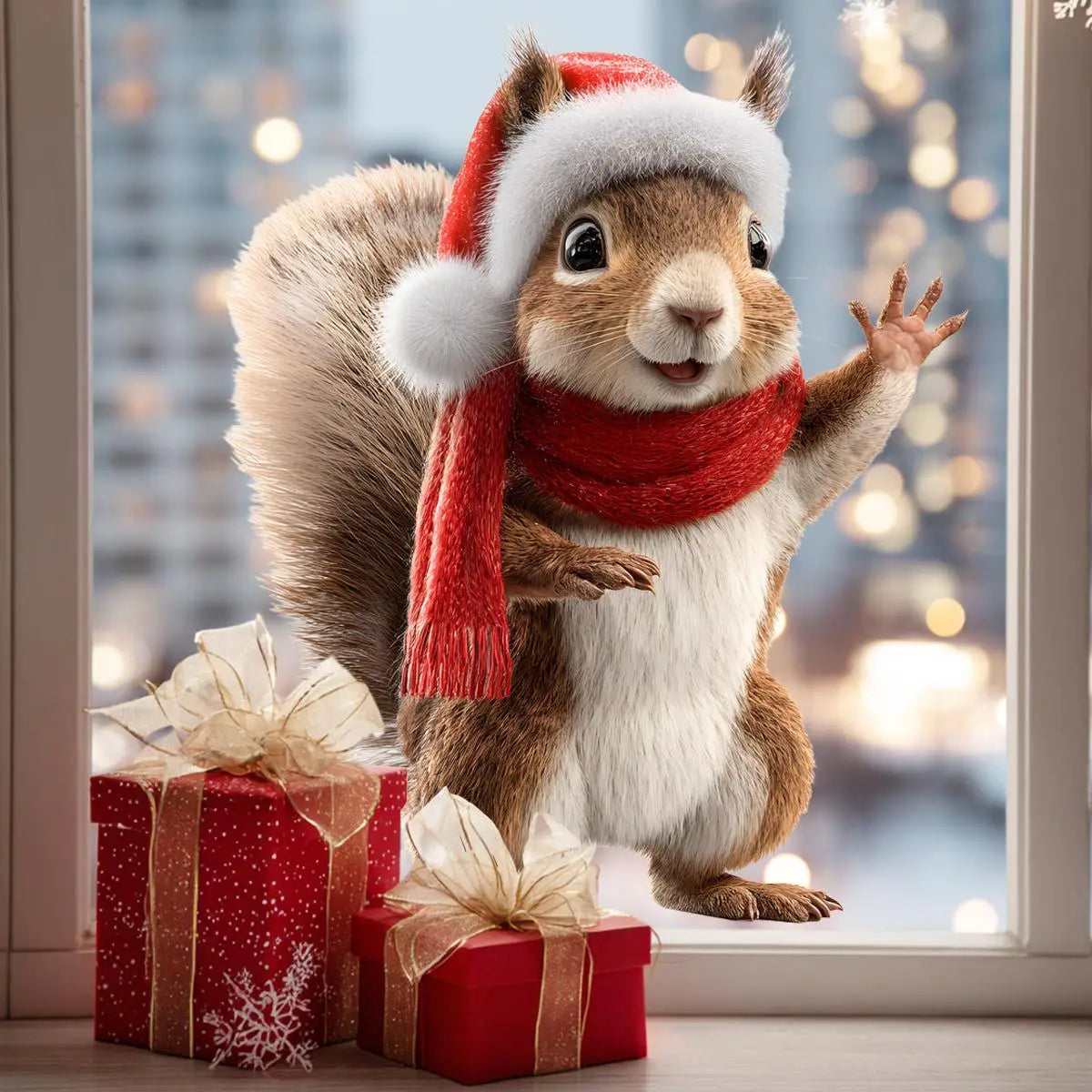 A fluffy squirrel wearing a Santa hat and red scarf stands next to wrapped Christmas gifts in front of a blurred window.