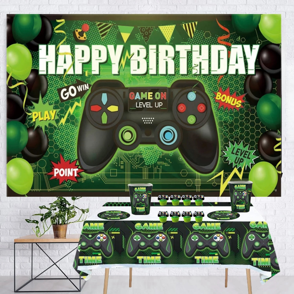 Green Video Game Birthday Party Supplies Kit with Gamepad Balloons