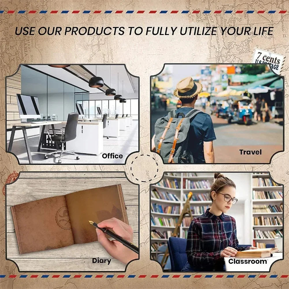 A 40-page vintage kraft scrapbook album for photos and memories shown alongside office, travel, diary, and classroom contexts
