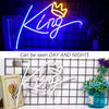 A neon sign spelling the word King is displayed on a dark blue wall, with a similar white version shown on a grid background.