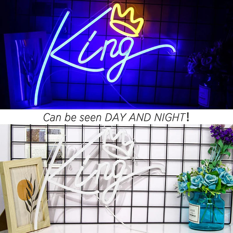 A neon sign spelling the word King is displayed on a dark blue wall, with a similar white version shown on a grid background.