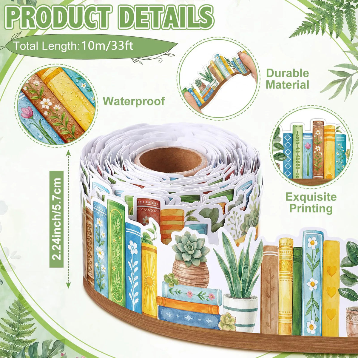 Roll of decorative sticker paper featuring watercolor illustrations of plants and books for a bookshelf border