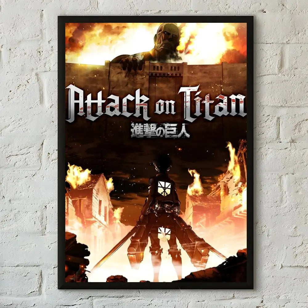 A dark, dramatic poster featuring a silhouette of an Attack on Titan character against a fiery background.