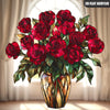 A bouquet of deep red roses in an amber glass vase, used as a 2D flat acrylic window ornament.