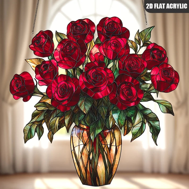 A bouquet of deep red roses in an amber glass vase, used as a 2D flat acrylic window ornament.