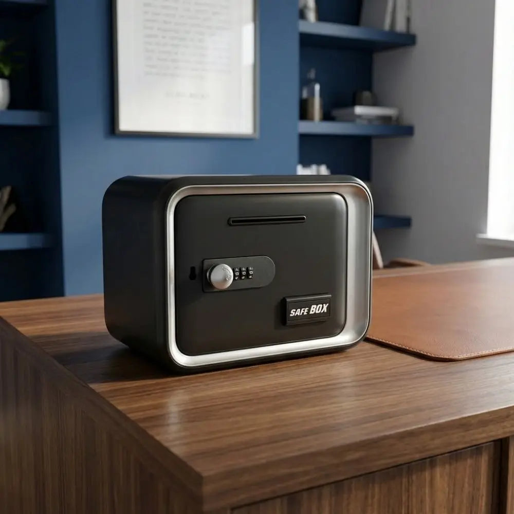 A black digital safe box with a silver trim sits on a wooden table.