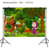 A colorful illustration featuring a brown bear and a little girl in a forest setting for a birthday party backdrop.