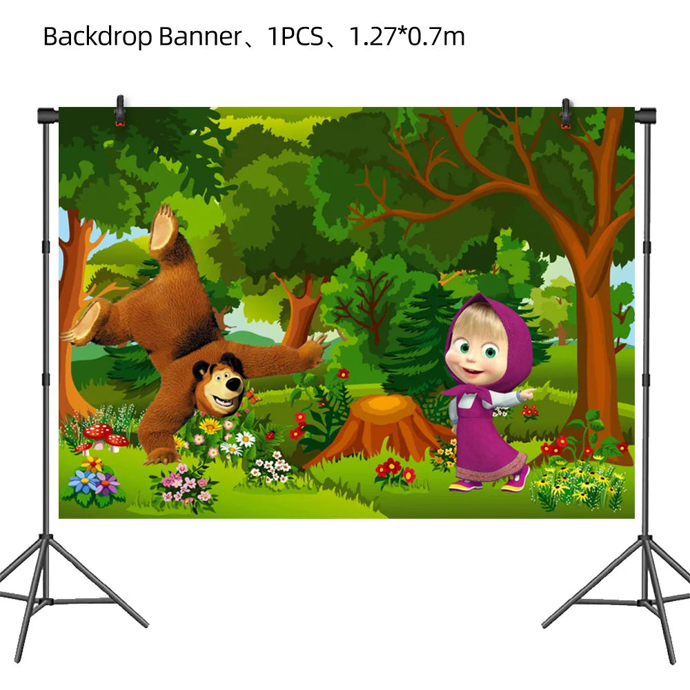 A colorful illustration featuring a brown bear and a little girl in a forest setting for a birthday party backdrop.