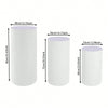 Set of three white cylinder pedestal display stands shown with various height measurements.