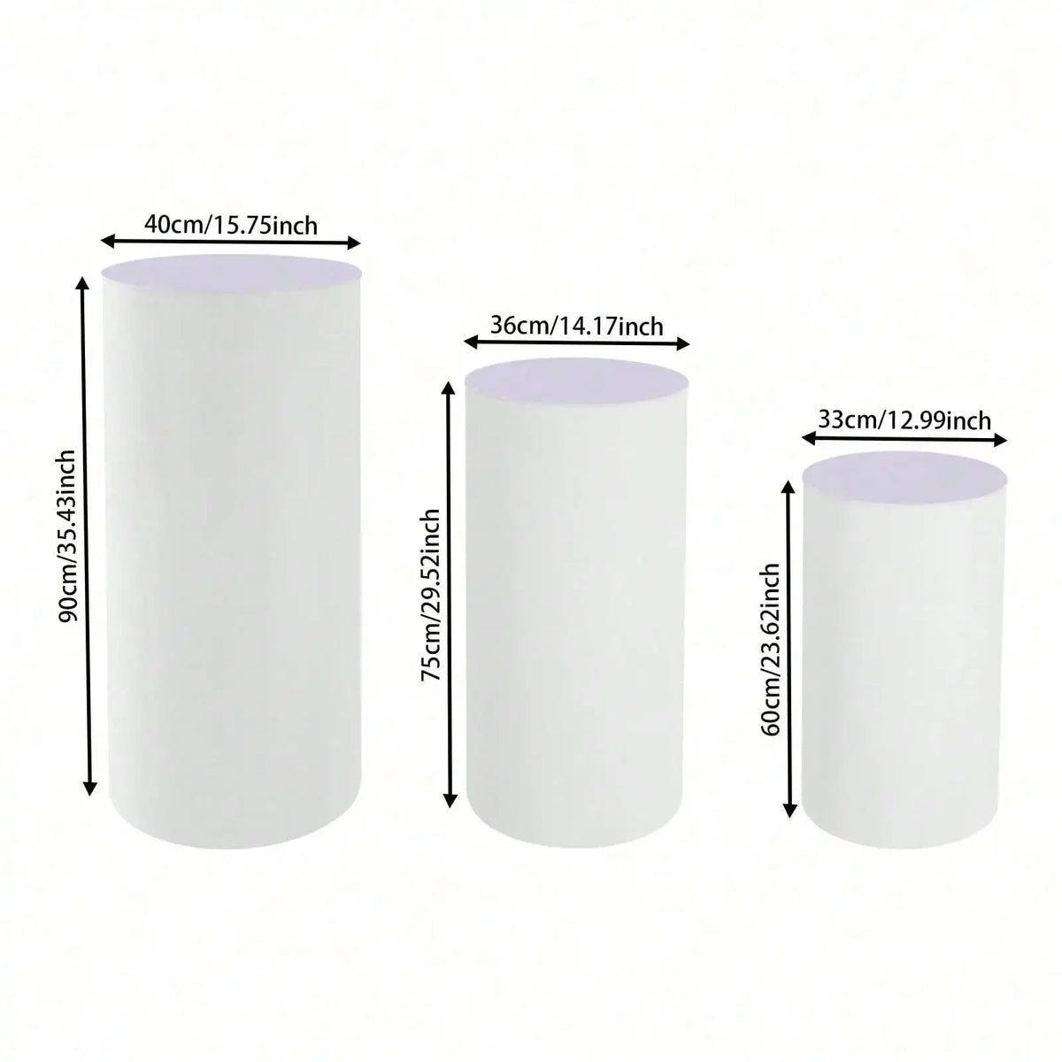 Set of three white cylinder pedestal display stands shown with various height measurements.