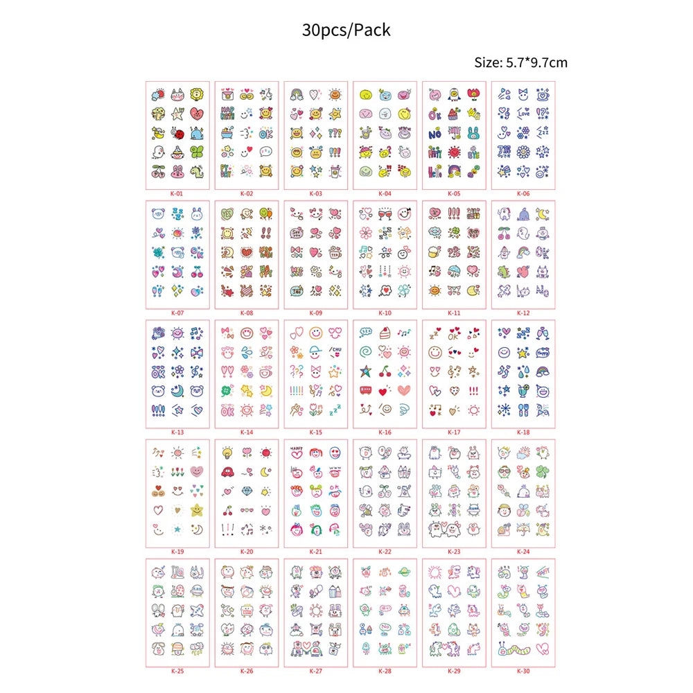 A grid display of 30 pieces of waterproof temporary body art stickers in various designs and colors.