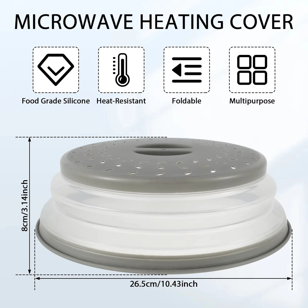 A round, light gray microwave heating cover made of silicone with a handle and vent.