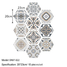 A set of ten decorative hexagon peel-and-stick tiles in various muted earth tones and patterns.