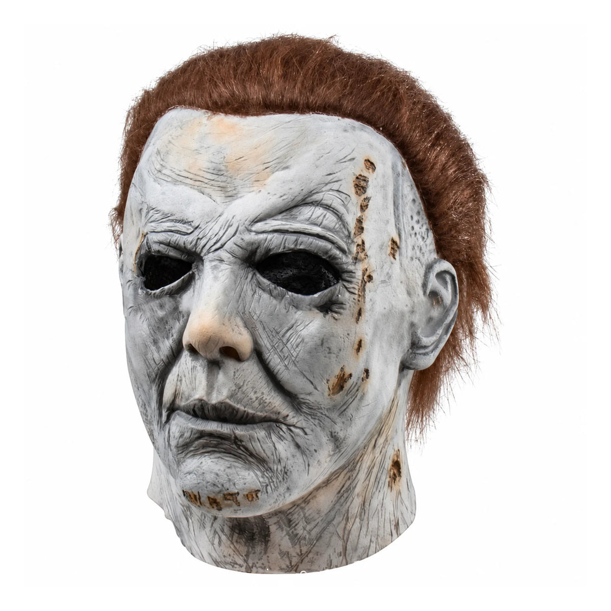 A realistic latex mask of Michael Myers featuring a pale face, brown hair, and bloody scar details.