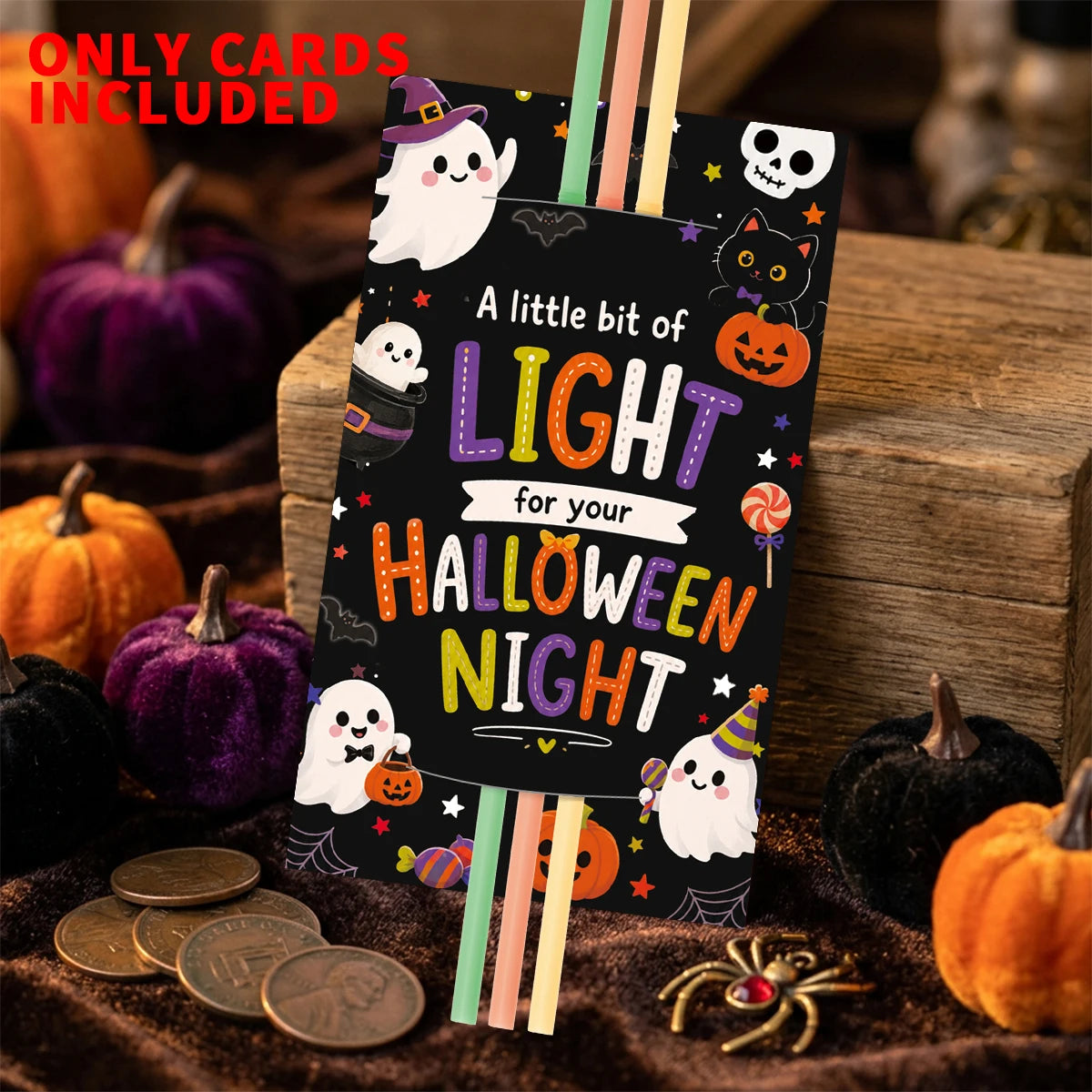 A pack of Halloween glow stick holder cards featuring spooky designs like pumpkins and cats.