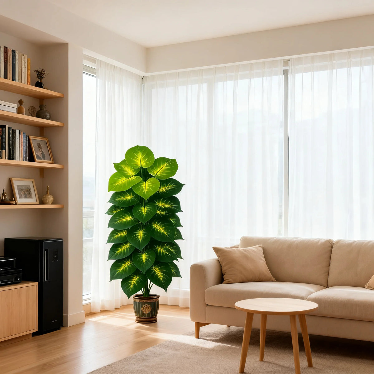 A vibrant green artificial palm tree with twenty-four leaves placed in a pot on a wooden floor next to a window.