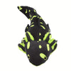 A black and neon yellow axolotl plush toy with elongated body and fins.