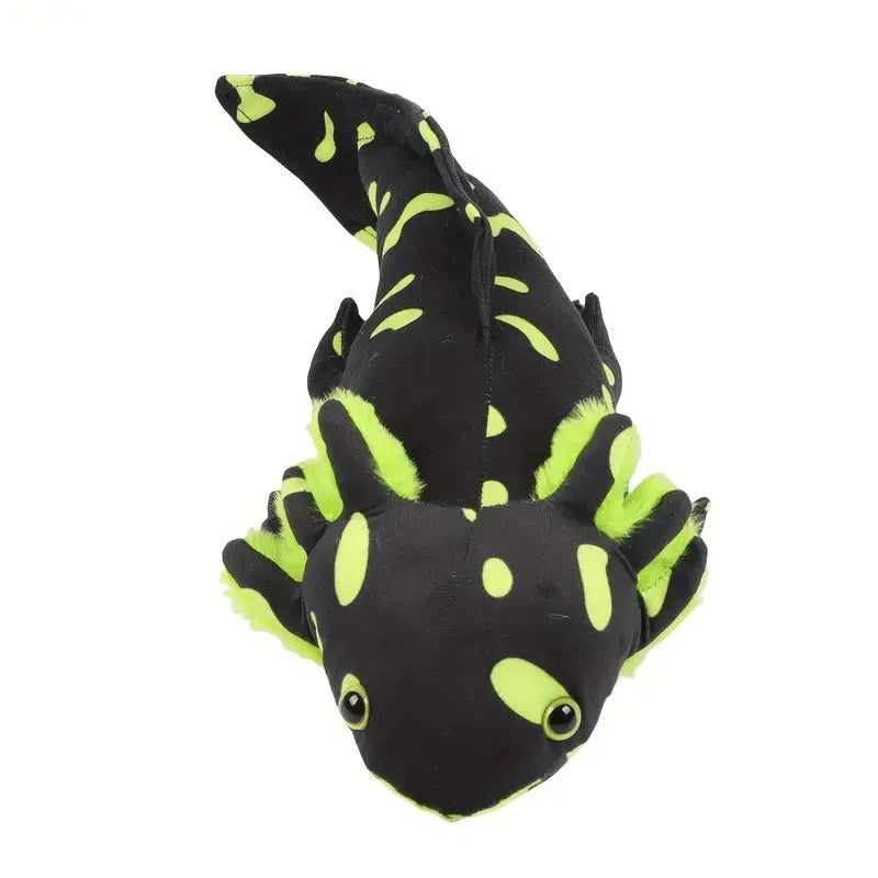 A black and neon yellow axolotl plush toy with elongated body and fins.