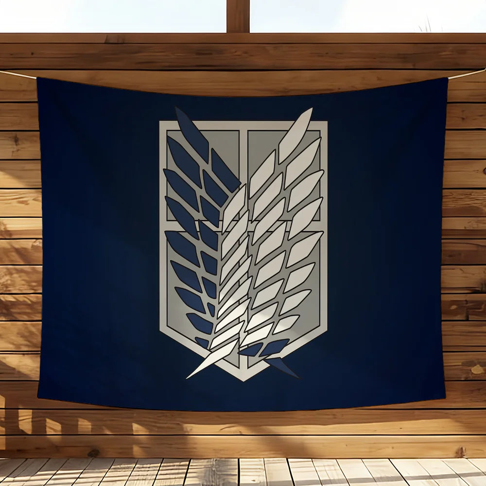 A dark blue banner featuring a silver crest design of stylized feathers on a wooden background.