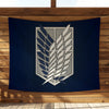 A dark blue banner featuring a silver crest design of stylized feathers on a wooden wall.
