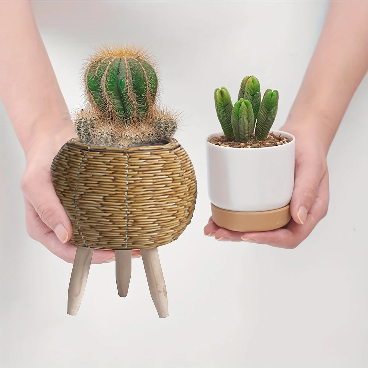 A hand holds a rustic rattan planter with wooden legs containing a prickly pear cactus and a small succulent plant.
