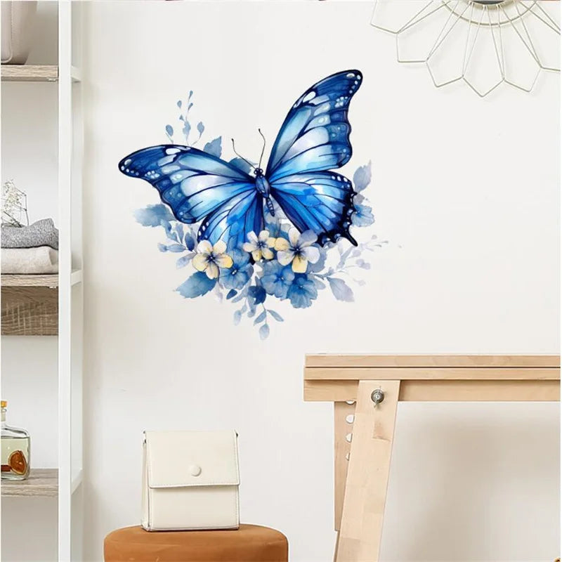A blue butterfly wall decal is displayed on a white wall above a wooden table.