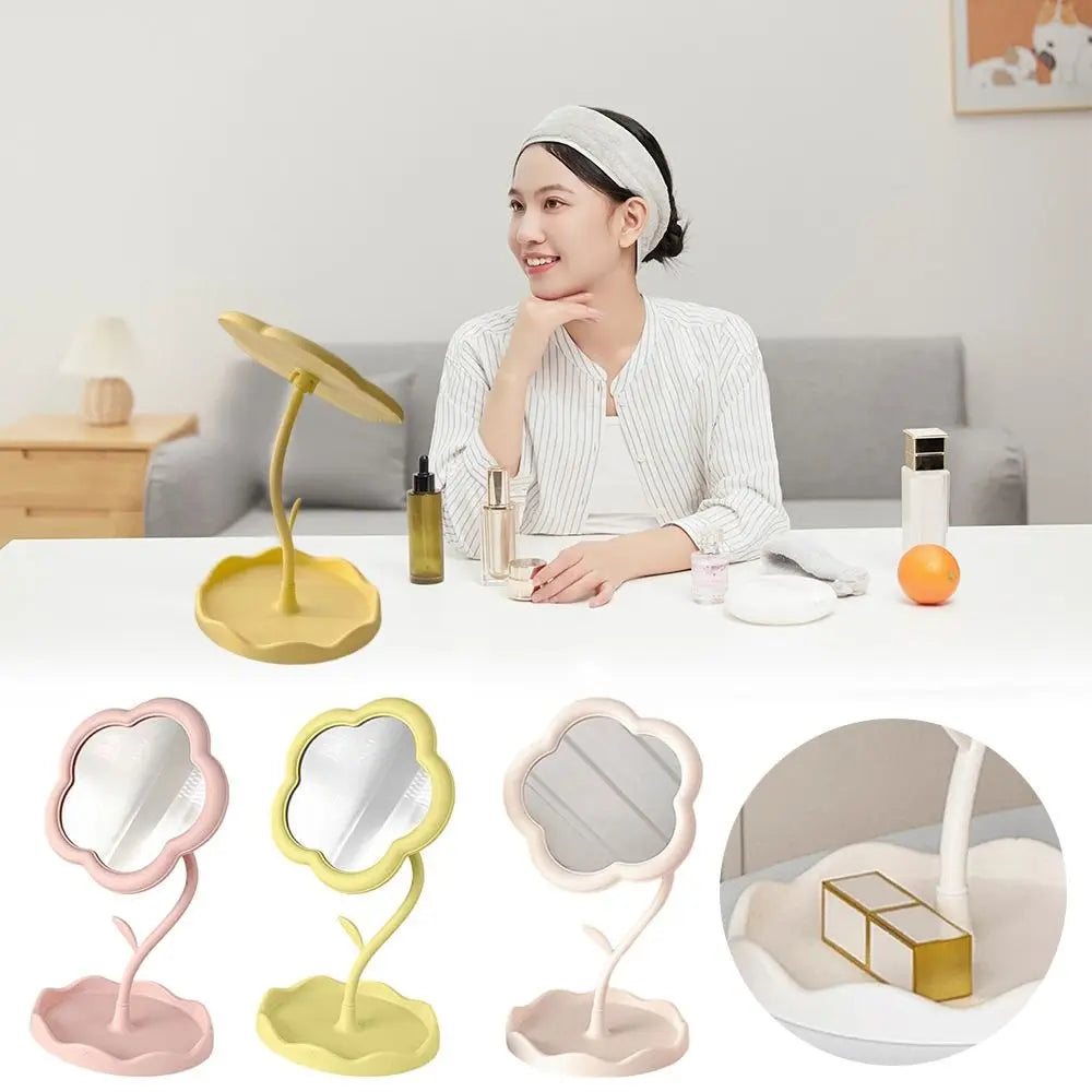 A set of sunflower heart dressing makeup mirrors in pink and yellow colors shown with a product packaging example.