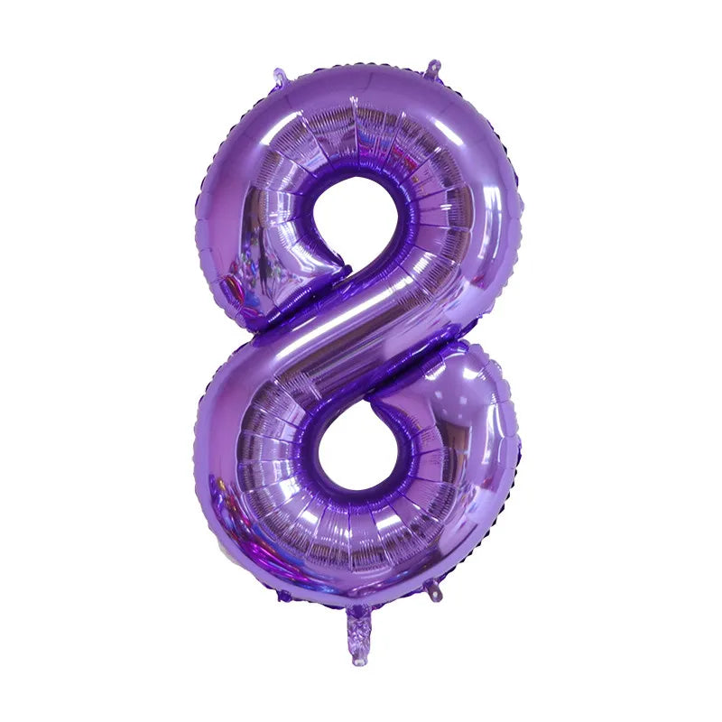 A purple foil balloon shaped like the number 8 for celebrations.