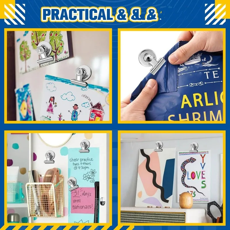 A set of heavy duty fridge magnetic clips used for decorating and organizing items on the refrigerator.