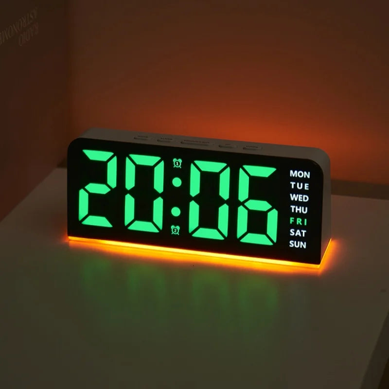 A digital alarm clock displaying 20:06 in bright green light on a white surface.