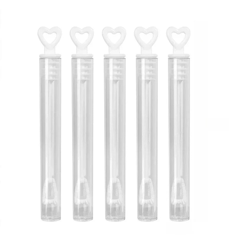 A set of heart-shaped bubble wands for parties and events, packaged in clear plastic tubes.