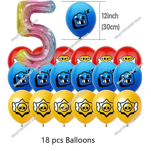 A set of 18 balloons featuring a blue and black character design for a happy birthday cake topper