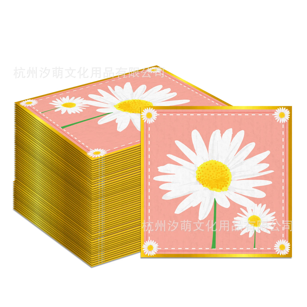 A stack of pink daisy flower napkins with gold accents and a single napkin displayed on a pink background.