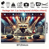 A stage backdrop featuring a rock band setup with amplifiers, guitars, and lighting, designed for music scenes.