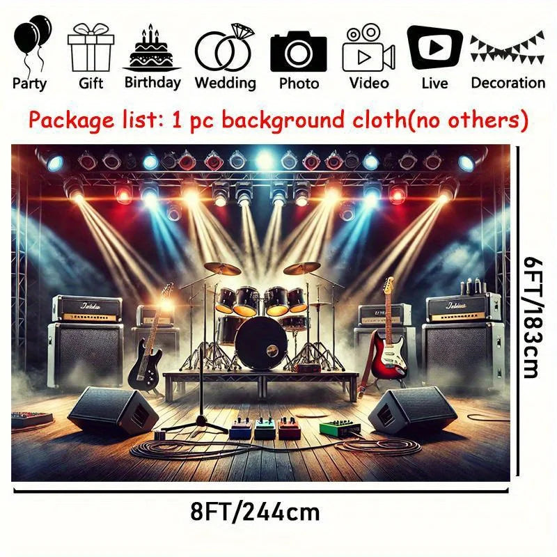 A stage backdrop featuring a rock band setup with amplifiers, guitars, and lighting, designed for music scenes.