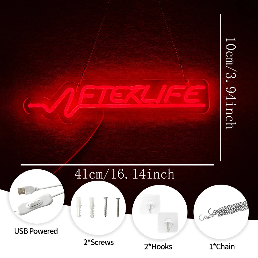 Red neon sign shaped like a heartbeat on a black background with various mounting hardware shown.