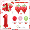 A set of strawberry foil balloons including a number one balloon and various colored balloons.