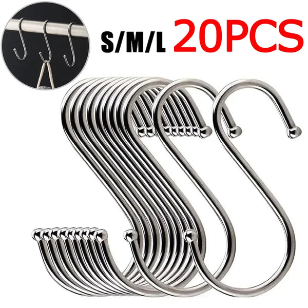 A set of ten S-shape stainless steel hanging hooks arranged in a bundle.