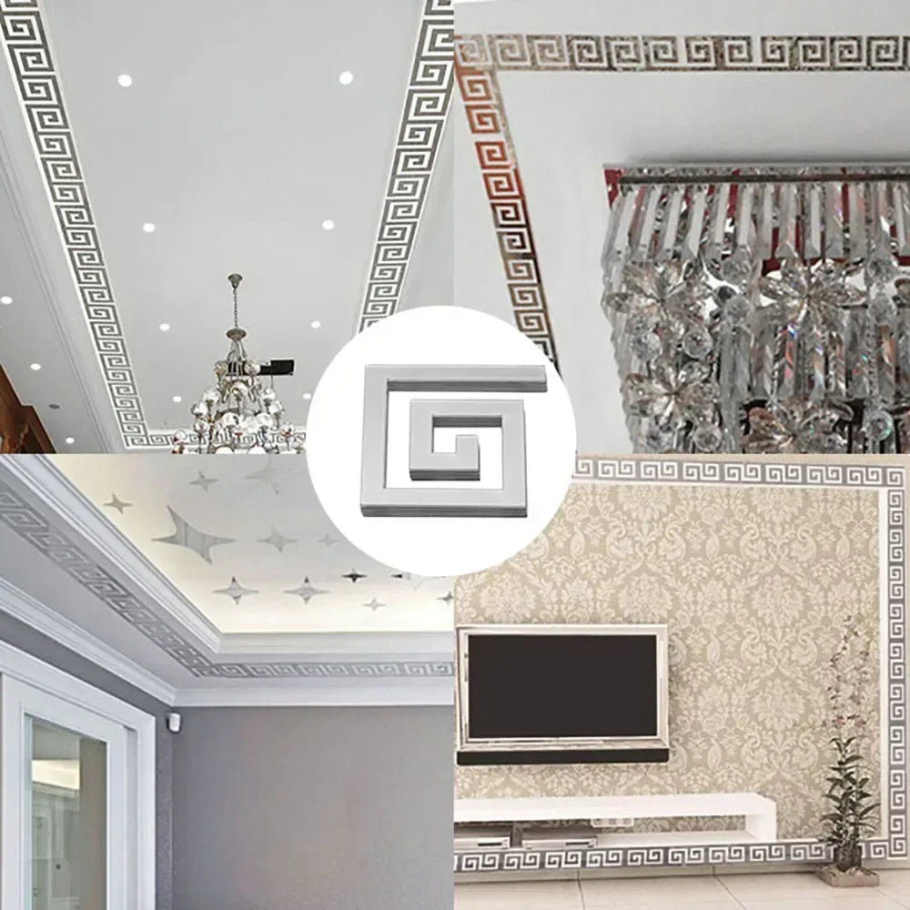 A set of 20 acrylic mirror wall stickers featuring a Greek key pattern used for home decor