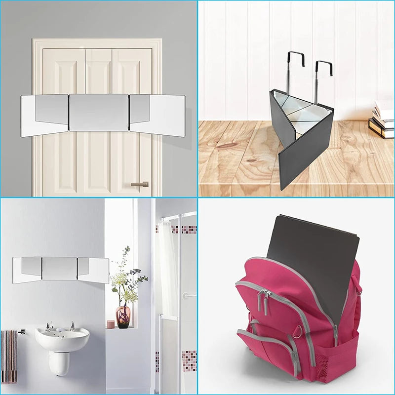 A portable trifold vanity mirror with an adjustable hook shown in various contexts.